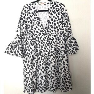 Mazik Womens Leopard Print Tiered Babydoll Dress V-Neck Bell Sleeve  M